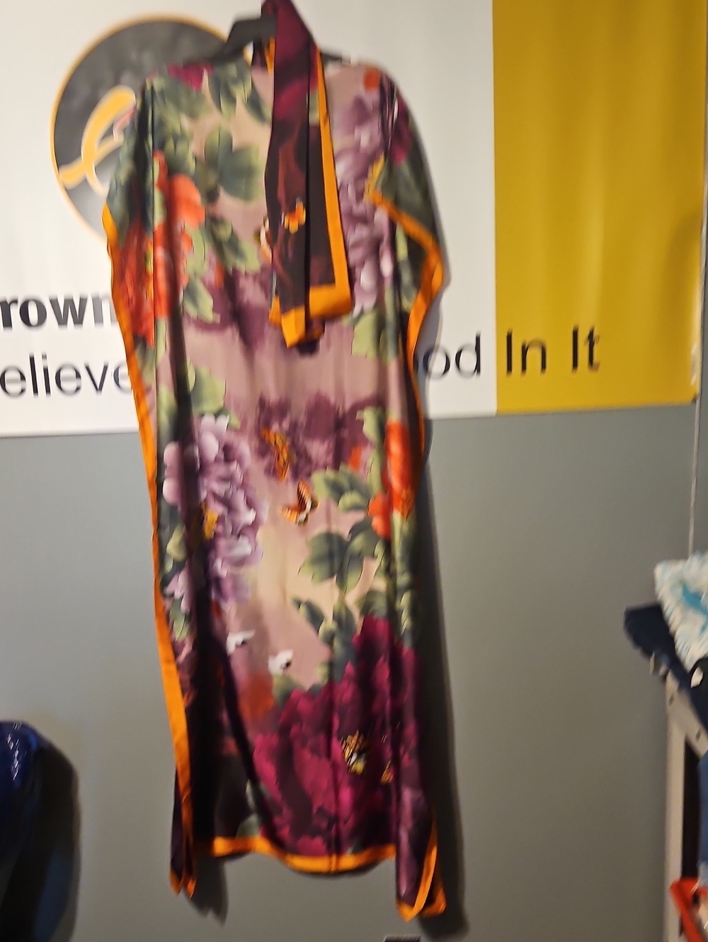 Floral Satin Slip Kaftan with Scarf - Purple & Orange